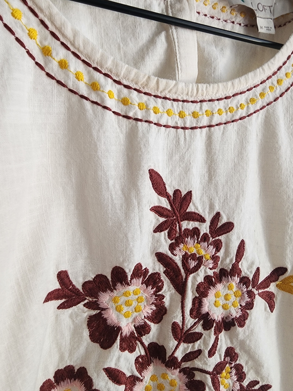 LOFT Cream Peasant Blouse with Burgundy, Pink and Yellow Floral Embroidery - Picture 6 of 13